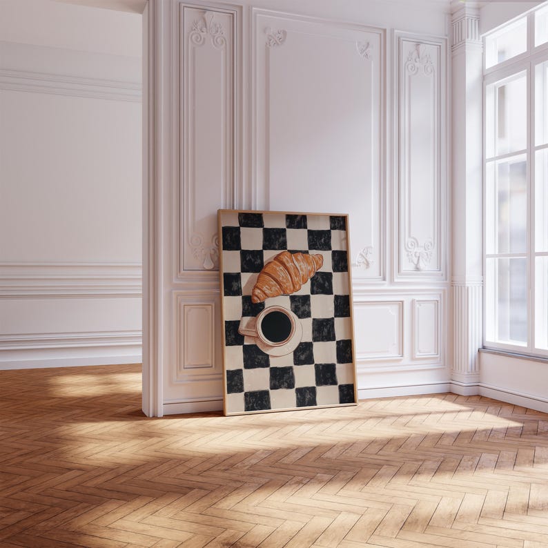 Black and White Checkered Coffee and Croissant Print for Retro Kitchen Wall Art