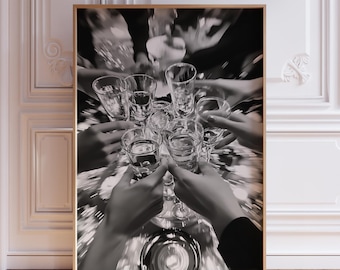 Black and White Cheers Print | Cheers Bar Cart Art | Cocktail Cheers Wall Art| Cocktail Cheers Print | Cheers Poster | Champagne Toast Print