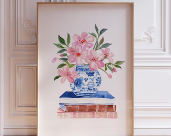 Różowo-niebieskie kwiaty w stylu chinoiserie i wydruk ścienny z książką