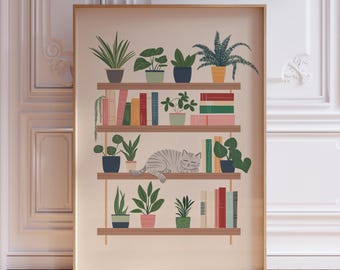 Póster de gato gris y plantas / Póster de libro rosa para biblioteca / Lámina botánica minimalista de plantas / Lámina de libros y plantas / Lámina de gato bohemio rosa