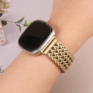 Stainless Steel Fitbit Versa 3/Versa 4 Band, Fitbit Sense 1/2 Band for Women – Elegant Braided Metal Strap, Silver/Gold, Fashion Work Style