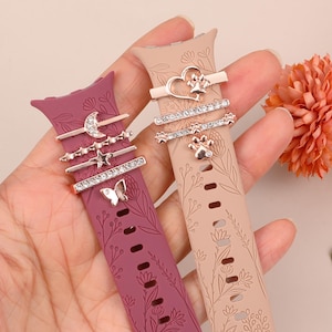 Engraved Floral Google Pixel Watch 2/1/Pixel Watch 3 41mm Band with Shiny Charms - Silicone Flower Sport Straps with Decorative Ring Loop