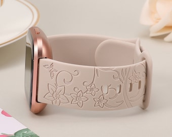 Personalized Floral Engraved Watch Band Fitbit Versa 2 Band/Versa Band/Versa Lite/Versa SE, Soft Silicone Cute Wildflowers Sport Watch Strap