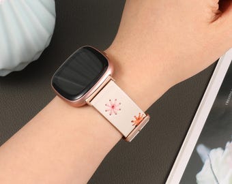 Handmade Leather Fitbit Sense Bands/Versa 3 Bands/Sense 2 Bands/Versa 4 Bands for Women,Daisy Floral Design, Customizable Boho Watch Band