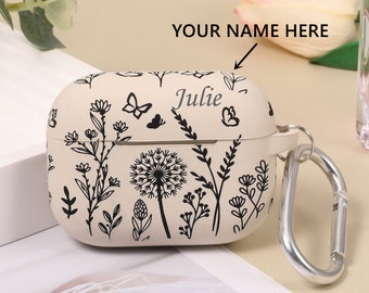Custom Airpods Pro 2nd/1st Generation Case, Flower Engraved Case Floral Soft Silicone Protective Cover with Keychain for Airpods Pro 2nd