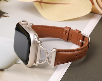 Correa de piel para Apple Watch de mujer, 38 mm, 40 mm, 42 mm, 44 mm, 45 mm, 49 mm | Elegante correa delgada con detalle metálico en forma de X | Compatible con iWatch Series Ultra/SE/9/8/7/6-1