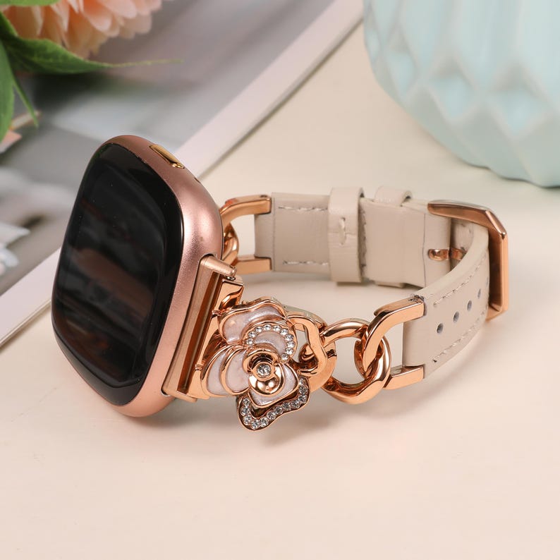 Soft leather Fitbit Versa band with floral jewelry design