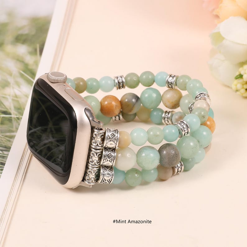 boho natural stone apple watch band close-up