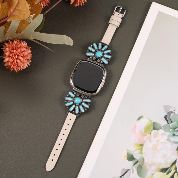 Boho Leather Band for Fitbit Versa 4 Band/Versa 3 Band/Sense 2/Sense Band withTurquoise Sunflower Design,Custom Western Ethnic Style Strap