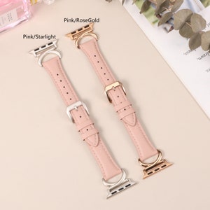 Puede incluir: Dos correas de Apple Watch de cuero rosa con cierres de diferentes colores. La correa de la izquierda tiene un cierre plateado y la correa de la derecha tiene un cierre de oro rosa. El texto "Pink/Starlight" est&aacute; sobre la correa de la izquierda y el texto "Pink/RoseGold" est&aacute; sobre la correa de la derecha.
