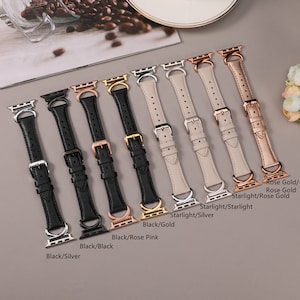 Puede incluir: Siete correas diferentes para Apple Watch en varios colores y acabados. Las correas son de cuero y tienen una hebilla de metal. Los colores incluyen negro, blanco y oro rosa. Los acabados incluyen starlight, plata y oro.