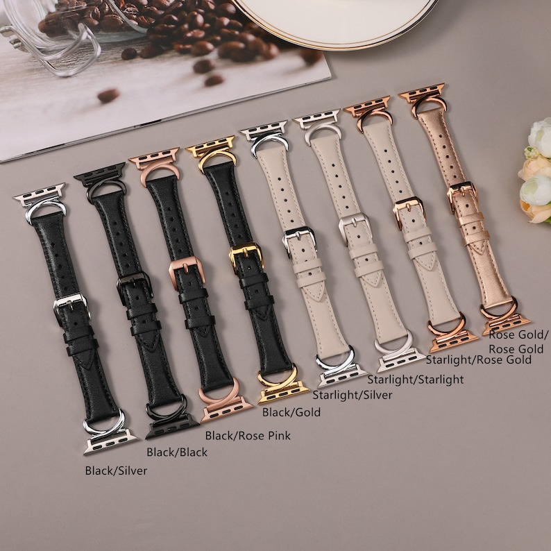 Puede incluir: Siete correas diferentes para Apple Watch en varios colores y acabados. Las correas son de cuero y tienen una hebilla de metal. Los colores incluyen negro, blanco y oro rosa. Los acabados incluyen starlight, plata y oro.