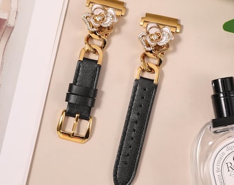 Camellia Leather Band for Galaxy Watch 7/6/5/4/FE/Active 2 40mm 44mm, Jewelry Floral Strap 20mm, Elegant Gift for Galaxy Watch 6