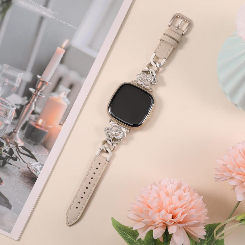 Camellia leather Fitbit Versa 4 watch band with crystal floral charm