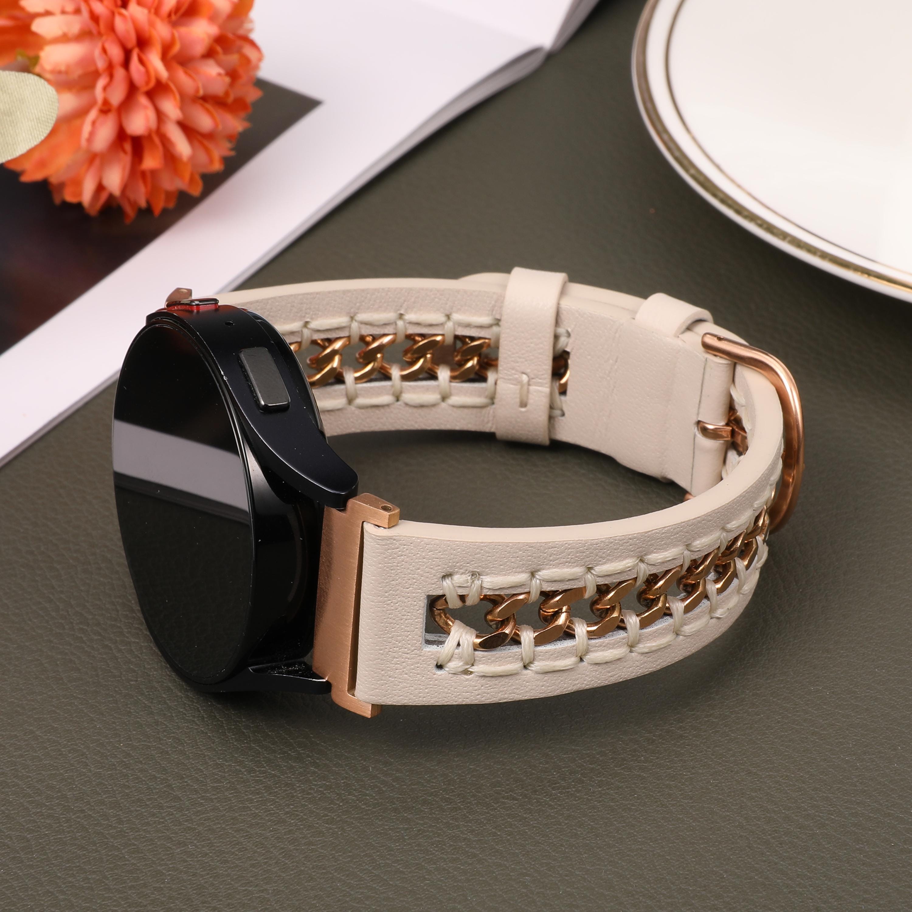 Leather Band for Samsung Galaxy Watch 7/6/5/4/FE 40mm 44mm Band , Luxury Stainless Steel Hollow Chain Strap for 20mm Samsung Watch Band