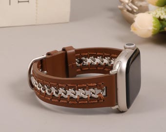 Handmade Leather Apple Watch Band with Artisan Chain Detailing | Premium iWatch Strap 38/40/41/42/44/45/46/49mm for Women, Gift-Ready