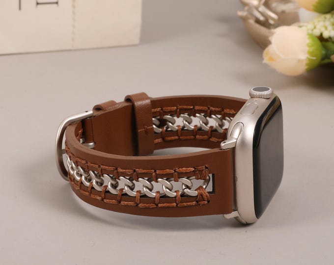 Handmade Leather Apple Watch Band with Artisan Chain Detailing | Premium iWatch Strap 38/40/41/42/44/45/46/49mm for Women, Gift-Ready