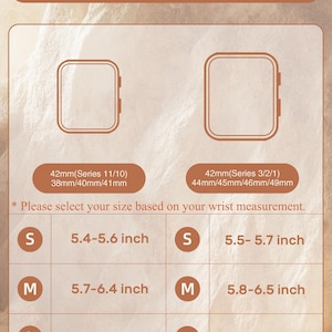 May include: A chart with the text "Fit Most Wrist" displays sizing information for smart watch bands. It includes size options S, M, and L, with corresponding wrist measurements in inches for different watch series. The chart is on a light brown background.