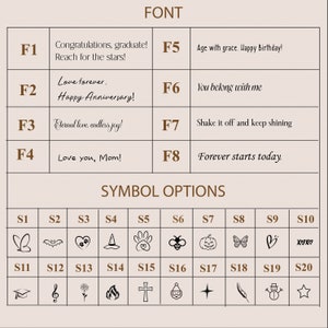 May include: A chart with a list of font options and symbols. The font options include phrases like "Congratulations, graduate!" and "Love you, Mom!" The symbols include a butterfly, a bat, a heart, a witch's hat, a paw print, a bee, a pumpkin, a butterfly, a heart, and a snowman.