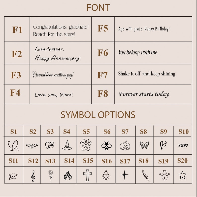 May include: A chart with a list of font options and symbols. The font options include phrases like "Congratulations, graduate!" and "Love you, Mom!" The symbols include a butterfly, a bat, a heart, a witch's hat, a paw print, a bee, a pumpkin, a butterfly, a heart, and a snowman.