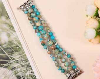 Boho Natural Stone Apple Watch Band Bracelet, Stretchy Beaded iWatch Strap for Series 11/10-1/SE/Ultra, Handmade Women Gift, 38-49mm iWatch