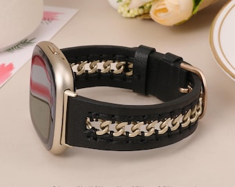 Leather Band for Fitbit Versa 4 / Versa 3 / Fitbit Sense / Sense 2 Band - Slim Chain Design Leather Strap, Stylish Gift for Women