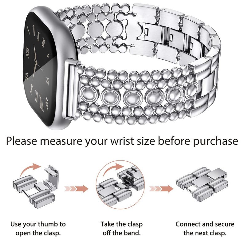 Puede incluir: Una correa de reloj de metal plateado con un dise&ntilde;o decorativo de cuentas y eslabones unida a una esfera de reloj inteligente. La imagen incluye las instrucciones de texto: Please measure your wrist size before purchase, Use your thumb to open the clasp, Take the clasp off the band y Connect and secure the next clasp.