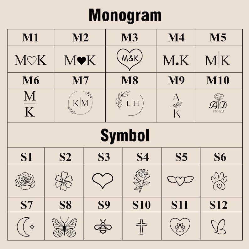 Puede incluir: Un gr&aacute;fico con dos secciones, "Monograma" y "S&iacute;mbolo". Cada secci&oacute;n tiene 12 cuadrados con diferentes dise&ntilde;os. La secci&oacute;n "Monograma" tiene iniciales y la secci&oacute;n "S&iacute;mbolo" tiene varios s&iacute;mbolos como corazones, flores y mariposas.