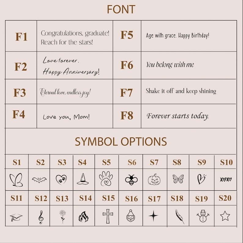 May include: A chart with a list of font options and symbols. The font options include phrases like "Congratulations, graduate!" and "Love you, Mom!" The symbols include a butterfly, a bat, a heart, a witch's hat, a paw print, a bee, a pumpkin, a butterfly, a heart, and a snowman.