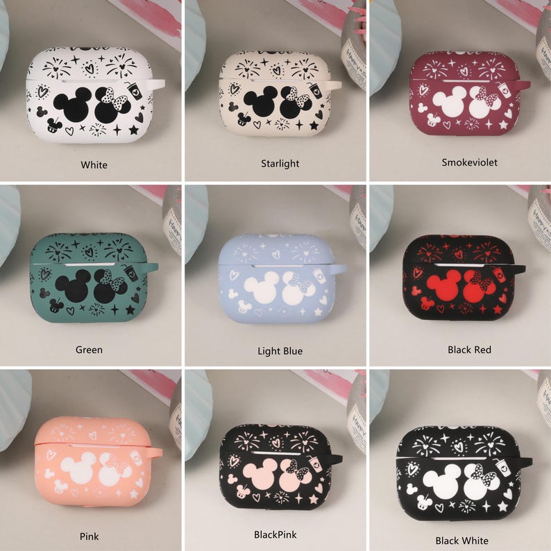 May include: Ten different colored Airpod cases with a Mickey Mouse and Minnie Mouse design. The cases are white, green, light blue, black with red accents, pink, black with pink accents, black with white accents, starlight, smoke violet, and black.