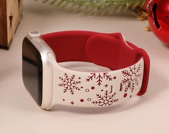 Correa de reloj con copos de nieve grabados para Apple Watch (40 mm, 41 mm, 38 mm, 49 mm, 45 mm, 44 mm, 42 mm y 46 mm), regalo de Navidad, correa deportiva de silicona suave, correa personalizada.