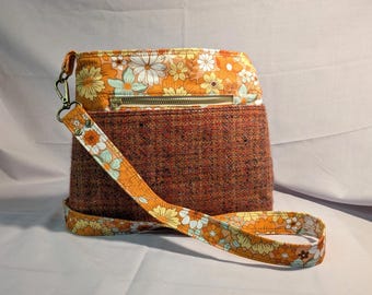 Crossbody Bag, Handspun Yarn, Natural Dye, Woven Fabric, Orange Flowers