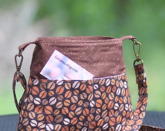 Hand-Sewn Cotton Crossbody Bag Coffee Break motif, Everyday Use Purse