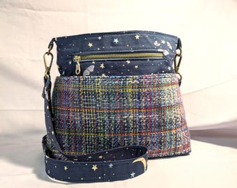 Handspun Yarn Crossbody Bag, Rainbow Moon Stars, Natural Dye, Woven Fabric