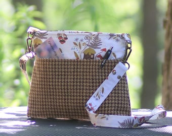 Crossbody bag featuring natural dye, handwoven fabric and woodland motif