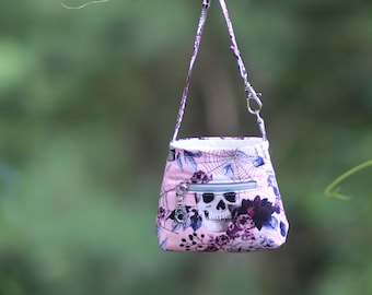 Hand Sewn Tiny Purse in Pink Skulls and Roses Motif