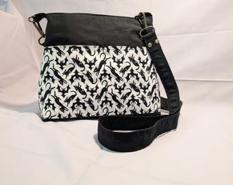 Hand-Sewn Cotton Crossbody Bag with Cats N Bats Motif, Everyday Use Purse