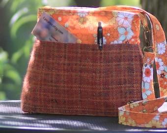 Crossbody Bag, Handspun Yarn, Natural Dye, Woven Fabric, Orange Flowers
