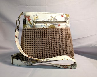Crossbody bag featuring natural dye, handwoven fabric and woodland motif
