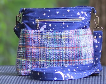 Crossbody Bag, Handspun Yarn, Natural Dye, Woven Fabric, Rainbow Moon and Stars