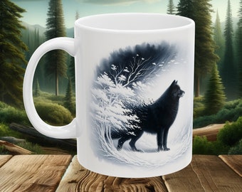Elegant Black Wolf 11oz White Ceramic Mug - Majestic Wildlife Art Watercolor Design for Coffee & Tea Lovers | Wolf Mug