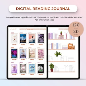 Könnte beinhalten: Digitales Lesetagebuch mit 120 Büchern und 20 Serienvorlagen für Goodnotes, Notability und andere PDF-Anmerkungs-Apps. Das Tagebuch zeigt ein Bücherregal mit einer Pflanze und einer braunen Box.