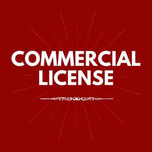 Op de afbeelding: Een rode achtergrond met een wit stervormig ontwerp. De tekst "COMMERCIAL LICENSE" staat in witte letters.
