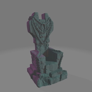 May include: A stone throne with a chain design and a winged figure in the back. The throne is made of a light grey stone and the chains are a darker grey.