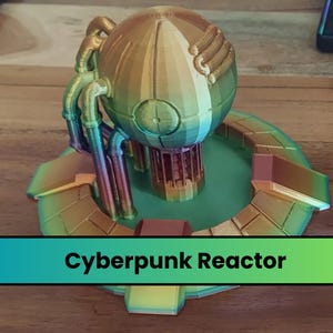 May include: A 3D printed cyberpunk reactor model with a metallic iridescent finish. The reactor is a sphere with a cage-like structure and pipes extending from the top. The base is a circular platform with a textured surface.