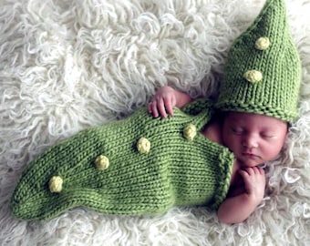 Baby Knit Pattern- Green Pea Pod Cocoon Bunting Costume - Crochet Bobble Tutorial