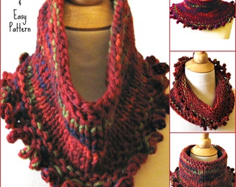 Chunky Knit Cowl Scarf PATTERN  Instant Download - Fast Easy Knitting DIY with Simple Crochet Edging