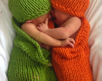 2 Knit Patterns- Carrots and Peas Baby Cocoons Costumes - DIY Knitting Bunting Patterns