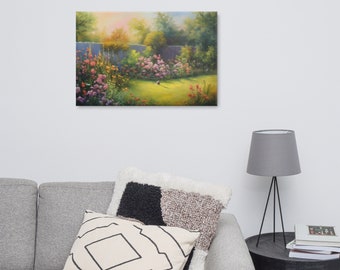 May include: A painting of a lush garden with a fence in the background. The garden is filled with colorful flowers and green foliage. The sun is shining brightly, casting long shadows on the ground.