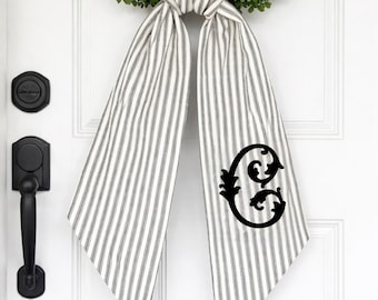 Striped Black and White Wreath Embroidered Everyday Wreath Sash for Front Door Ticking Stripes Monogrammed Personalized  Wreath Sash